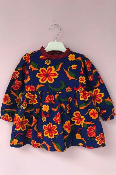 Bertuğ Bebek Dantel Yaka Çiçekli Mavi Pazen Kız Çocuk Bebek Elbise