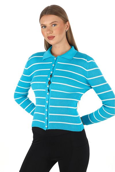 Butik Zeyoo Collection Striped Trophy Polo Collar Seasonal Women's Cotton Cardigan