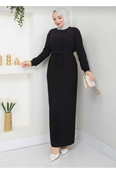 ECK MODA Kadın Pliseli Kemerli Sandy Kumaş Full Likralı Esnek Elbise