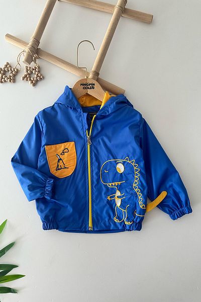 Minigimin Cicileri Boy's Dino Printed Hooded Raincoat - Blue