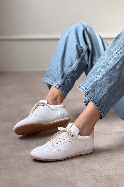 NİŞANTAŞI SHOES Helen White Matte Flat Sole Women's Lace-Up Sneakers