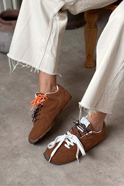 NİŞANTAŞI SHOES Γυναικεία αθλητικά παπούτσια με κορδόνια Bellini Tan Suede Flat Sole