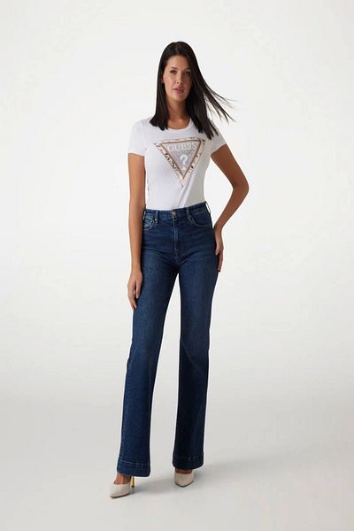 Guess Women's White Cheetah Patterned Triangle Logo T-Shirt