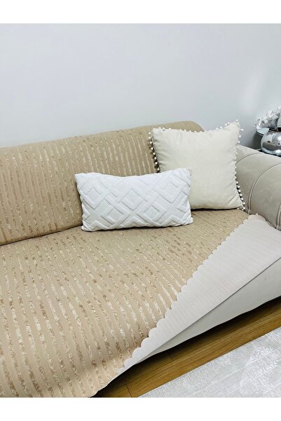 BTF HOME Süngerli Kadife Koltuk Örtüsü Koltuk Şalı Çekyat Örtüsü 3 Kişilik 175 X 210 (1 ADET) Bej