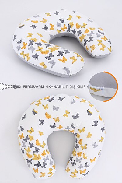 Umaybebek Emzirme Yastığı Minderi Pamuk Kumaş - Sarı Gri Kelebek