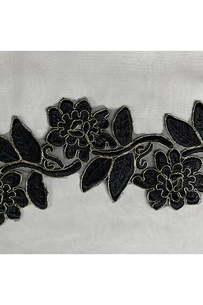 Bukle İplik Floral Patterned Gold Gilding Detailed Guipure Decorative Black Stripe (8 cm Width) - 1 Meter