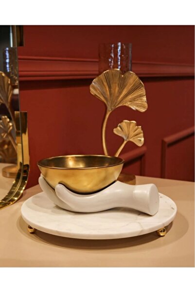 FARALYAHOME Mermer 28 Cm Gold Boncuk Ayaklı Yuvarlak Sunum Tepsisi Beyaz