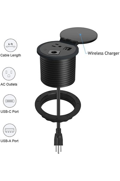 Mahmayi 51-1H Round Desktop Power Module with 1xUSB Slot utility port for Office Desk tables - Black