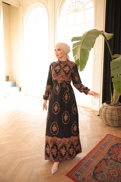 Zaure Women's Hijab Authentic Patterned Belted Viscose Dress