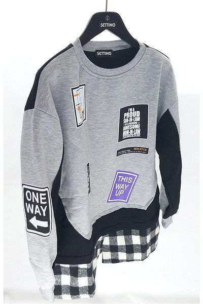 Settimo -lsk Gray Crew Neck Label Printed Plaid Sweatshirt Oversize