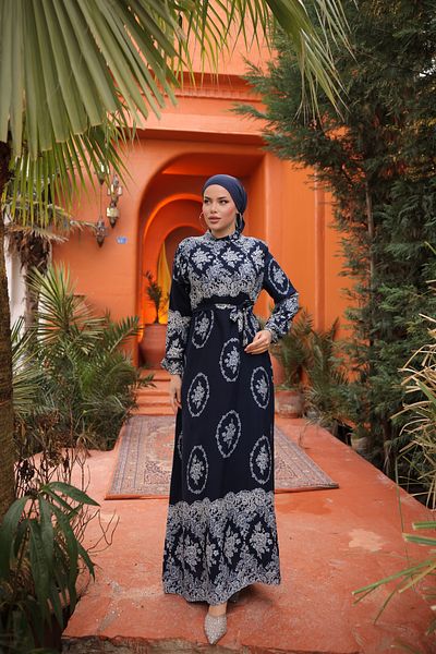 Zaure Women's Hijab Authentic Patterned Belted Viscose Dress