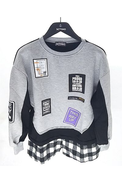 Settimo -lsk Gray Crew Neck Label Printed Plaid Sweatshirt Oversize