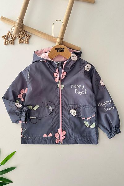 Minigimin Cicileri Anthracite Flower Printed Girl's Hooded Raincoat