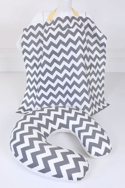 Umaybebek Emzirme Yastığı, Emzirme Önlüğü Set - Pamuklu Kumaş - Gri Zikzak