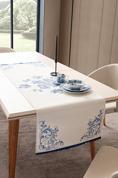 BUGİ HOME COLLECTİON Elysian Blue Premium Duck Linen Runner - Anti-alunecare, Seria 45x140