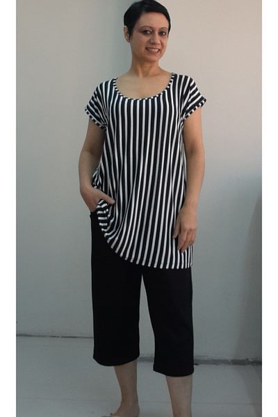 Mertcan Butik Black Six Pockets Top Low Sleeve Black and White Striped Combed Cotton Viscose Bottom Top Suit