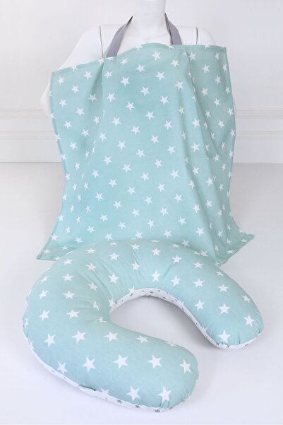 Umaybebek Emzirme Yastığı, Emzirme Önlüğü Set - Pamuklu Kumaş - Yeşil Gri