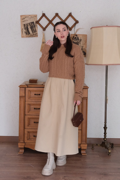Ceylan Otantik Cream Single Button Linen Skirt