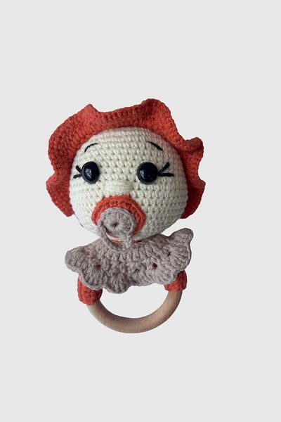 Totzee Amigurumi Baby Rattle with Pacifier Coral & Beige