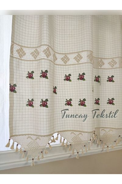 TUNCAY TEKSTİL 100% Cotton Red Sprinkled - Lace Dress Curtain Sunshade