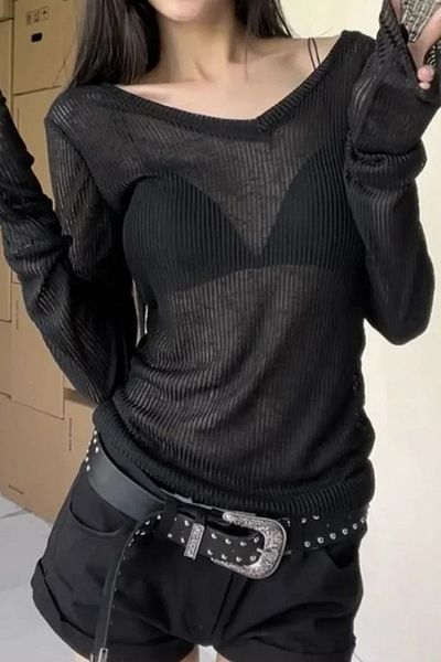 Köstebek Black Transparent V-Neck Casual Full Body Crop