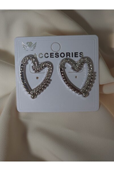 Avcıoğlu Aksesuar Heart Cast Crystal Zircon White Stone Silver Coated Earrings