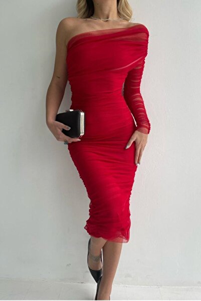 AÈC PRIVÈ Női bélelt tüll szövet egyujjú részlet karcsúsított midi hosszúságú piros ceruza estélyi ruha hazatérő ruha