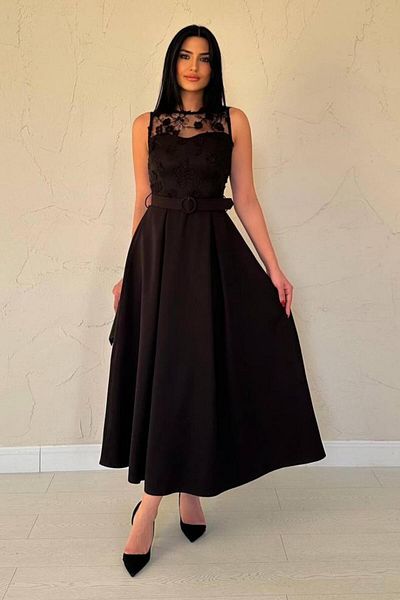 ZISHAN Lace and Embroidery Detail Belted Sleeveless Midi Length Women's Evening Dress 8552