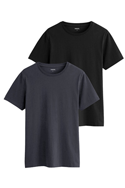 DK DAKSEL Erkek Siyah Füme Renk Basic Kesim Bisiklet Yaka %100 Pamuk 2'li Tişört Paketi