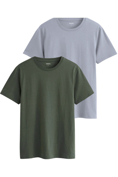 DK DAKSEL Men's Gray Khaki Color Basic Cut Crew Neck 100% Cotton 2-Piece T-Shirts Pack