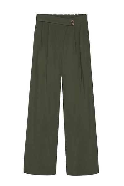 Quzu Khaki Palazzo Trousers - Button Waist Detail