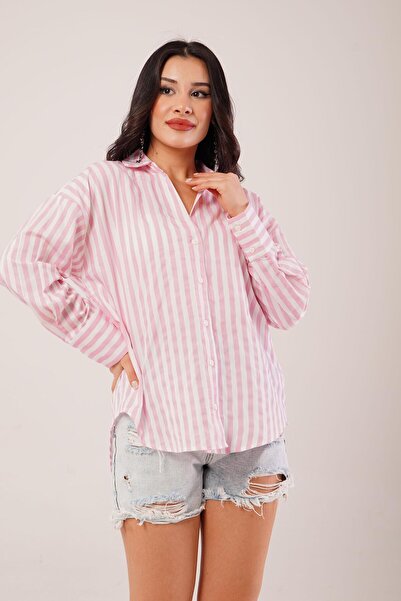 Hipo Trend Kalın Çizgili Pembe Poplin Gömlek