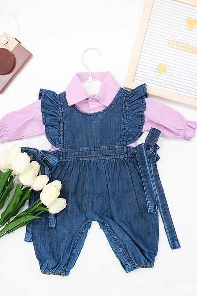 VİTRİNMİXMİNİ 2-Piece 100% COTTON FUFFY COLOR SHIRT AND JEANS SALOPET BABY GIRL SET