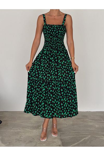 MaxiMor Rochie de strat de viscoză cu imprimeu floral verde - guipă și bretele, lungime 125 cm