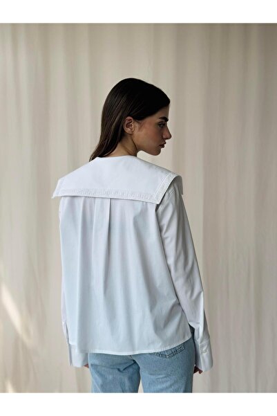 Retrobird Λευκό Ρουτσέ Σχέδιο - Γυναικείο Πουκάμισο με γιακά μωρού