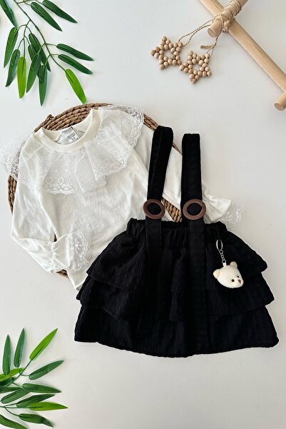 Minigimin Cicileri طقم مكون من قطعتين للفتيات الصغيرات - طقم تنورة بطبقة سوداء مع تفاصيل الدبدوب