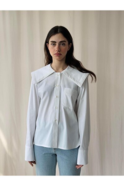 Retrobird Λευκό Ρουτσέ Σχέδιο - Γυναικείο Πουκάμισο με γιακά μωρού