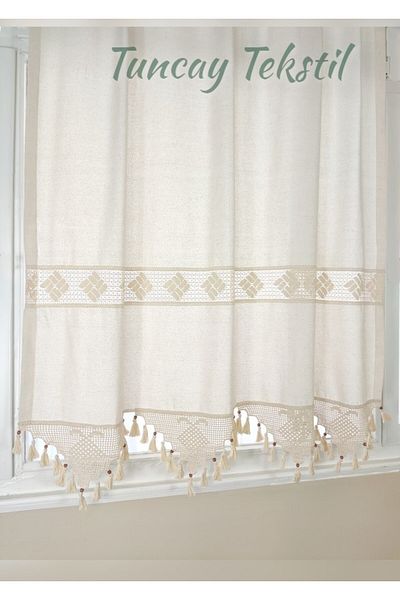 TUNCAY TEKSTİL Buldan Work Authentic Handcrafted Lace Curtain 100% Cotton Natural Linen Sunshade Curtain