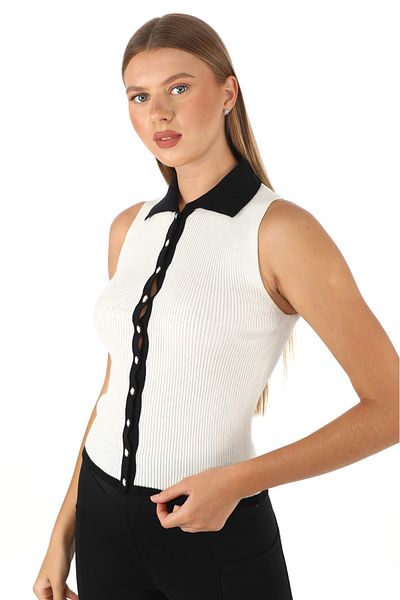 Butik Zeyoo Collection Sade Trophy Polo Collar Sleeveless Seasonal Women's Cotton Cardigan