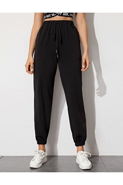 THE WHITE Γυναικείο μαύρο Jogger Φούτερ με λάστιχο επένδυση fleece βαμβακερό ...