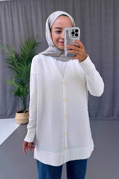 Ka Hijab Ζακέτα Mercerized Hijab με λαιμόκοψη V με σκίσιμο στο πλάι - Λευκό