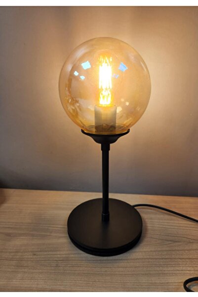 Taşcan Aydınlatma Rena Tekli Siyah Bal Glop Cam Abajur Masa Lambası Krem Şapk...