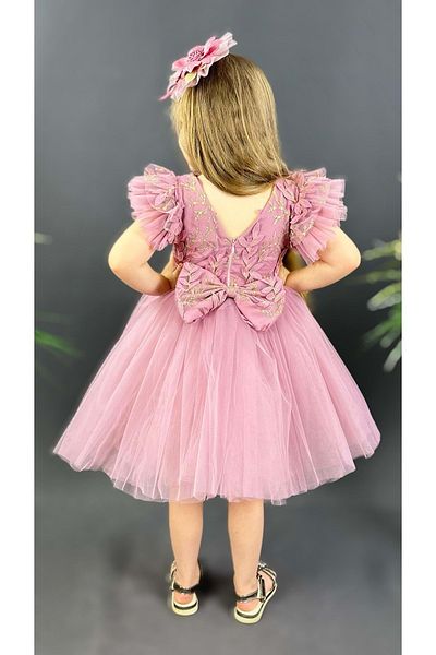 ŞEYMA BUTİK Pink Embroidered Girl's Tutu Skirt Dress - Sym0578