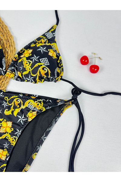 FUNELLA Women's Black Yellow Floral Patterned Lycra Rope Detailed New Season Bikini Set