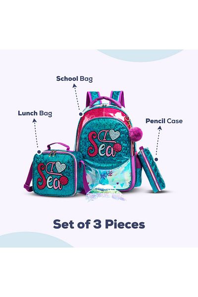 Eazy Kids - حقيبة مدرسية مقاس 17 بوصة وحقيبة غداء وحقيبة أقلام مجموعة من 3 قطع حورية البحر - أخضر