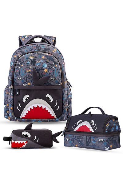 Nohoo حقيبة مدرسية للأطفال مقاس 16 بوصة مع حقيبة غداء وحافظة أقلام (مجموعة من 3 قطع) من Shark - رمادي