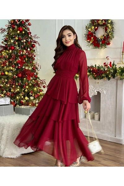 MODA DURAĞI Red Midi Chiffon Women's Dress - Full Design