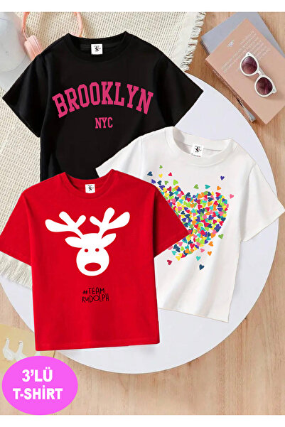 twins tailors Deer Printed 3 Pack Μαύρο-άσπρο-κόκκινο γυναικείο μπλουζάκι