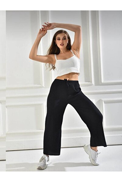 Yesui Pantaloni negri confortabili material reiat pentru femei, mărimi mari