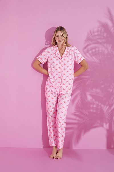 Prestij İç Giyim Women's Pink Print Front Button Cotton Shirt Collar Short Sleeve Pajamas Set